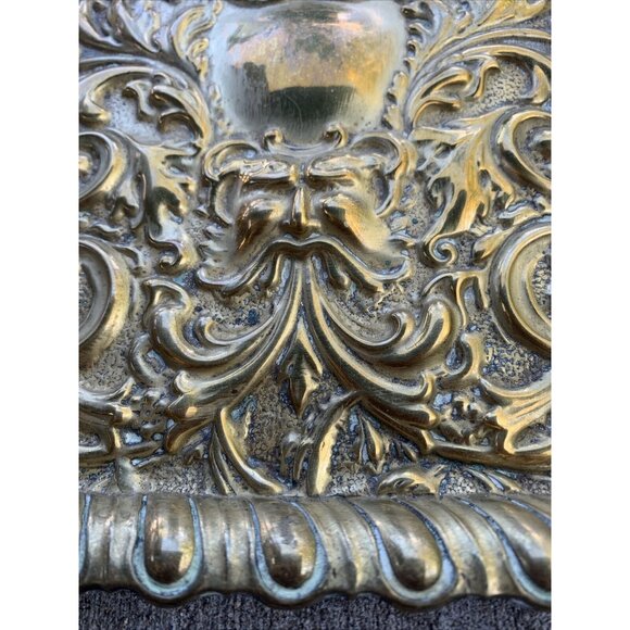 Ornate Repousse Brass Tray Baroque-Style Design Engraved Bird Motif - Picture 3 of 9
